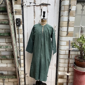 Antique French green linen long jacket coat housecoat size M UK 12 画像 1