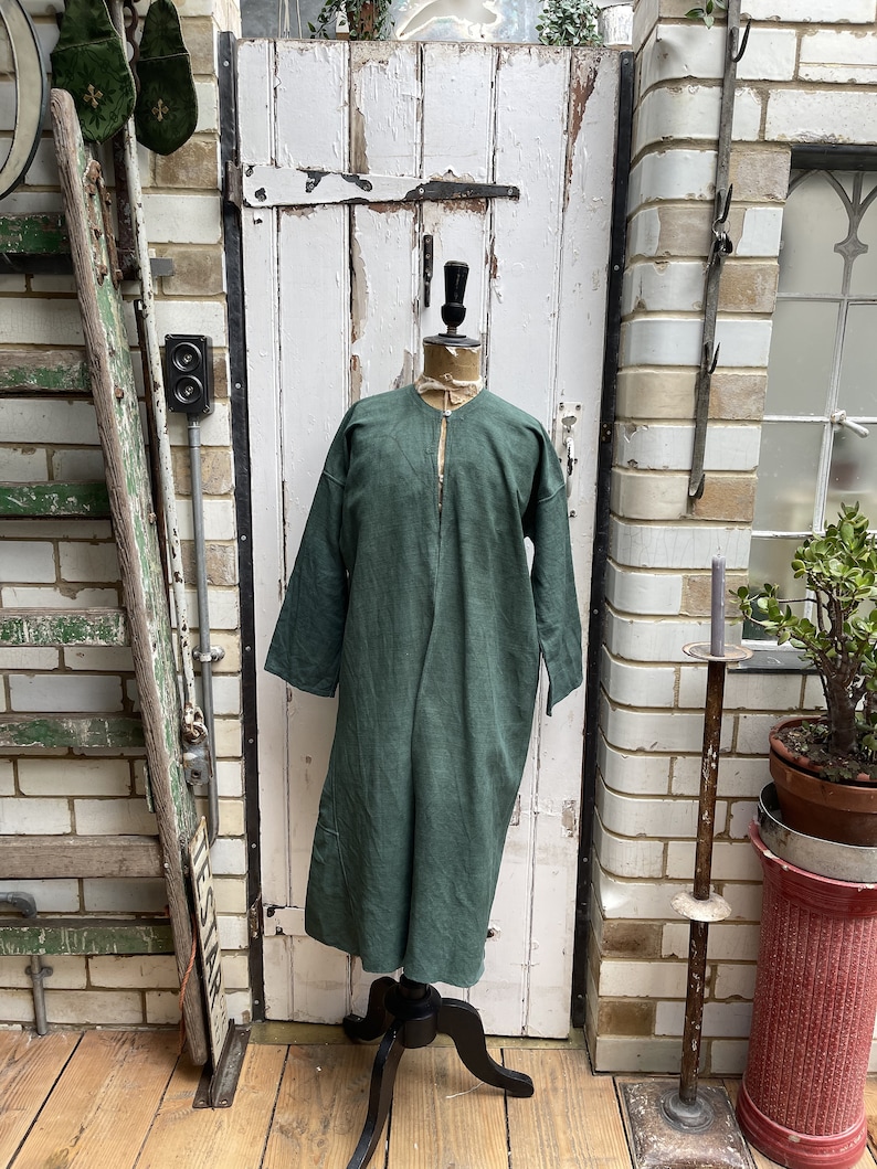 Antique French green linen long jacket coat housecoat size M UK 12 画像 1