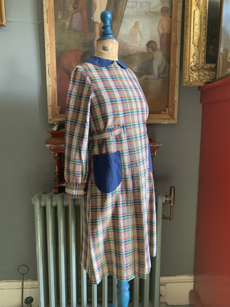 Antique vintage French childs cotton handmade check dress size image 8
