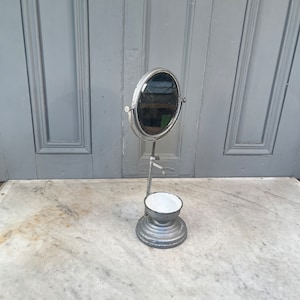 Antique French mounted bevelled shaving mirror with ceramic mug