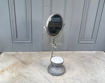 Antique French mounted bevelled shaving mirror with ceramic mug