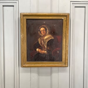 Retrato em pintura a óleo vitoriana antiga de uma senhora idosa com touca chamada Ann Bartram, datado de 1861 (1 de 2)