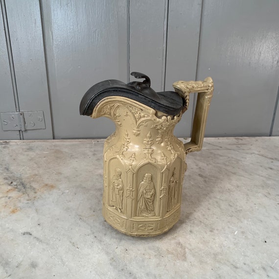 Antique Gothic Apostle Ceramic Jug With Pewter Hinged Cover by