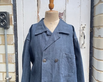 Vintage Dutch Handmade Grey Linen Cotton Workwear Chores Jacket