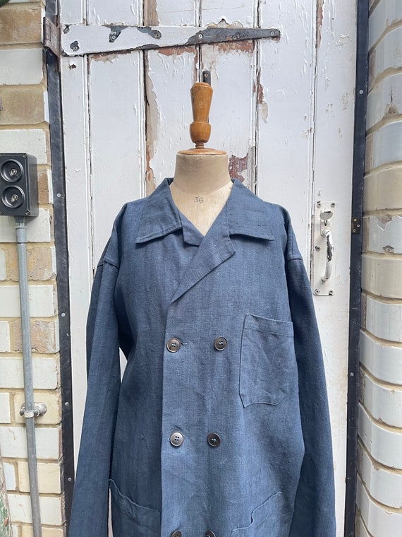 Vintage Dutch Handmade Grey Linen Cotton Workwear Chores Jacket