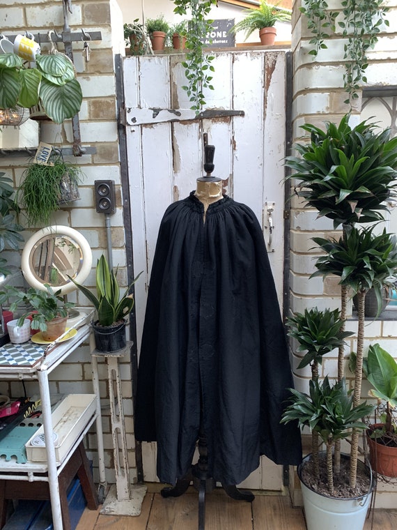 Antique Dutch handmade long black wool silk cape c