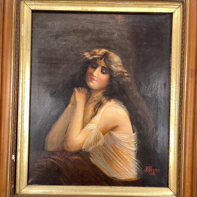 Large antique Art Nouveau oil painting portrait of a lady signed JB Rogers 1906 image 3