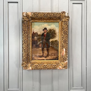Antique Georgian early Victorian oil painting study of a peasant man carrying sticks