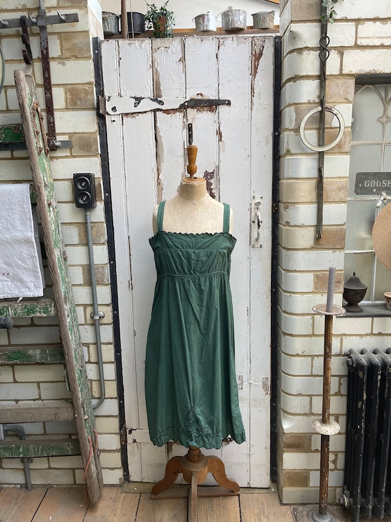 Antique French handmade green cotton shift dress … - image 1