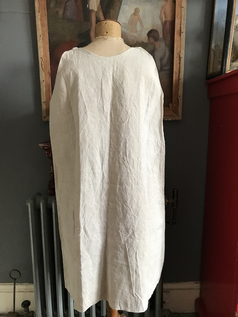 Antique French beige unbleached linen sleeveless nightdress monogram RH size M UK 12