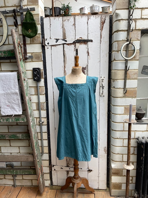 Antique French teal blue cotton dress size M