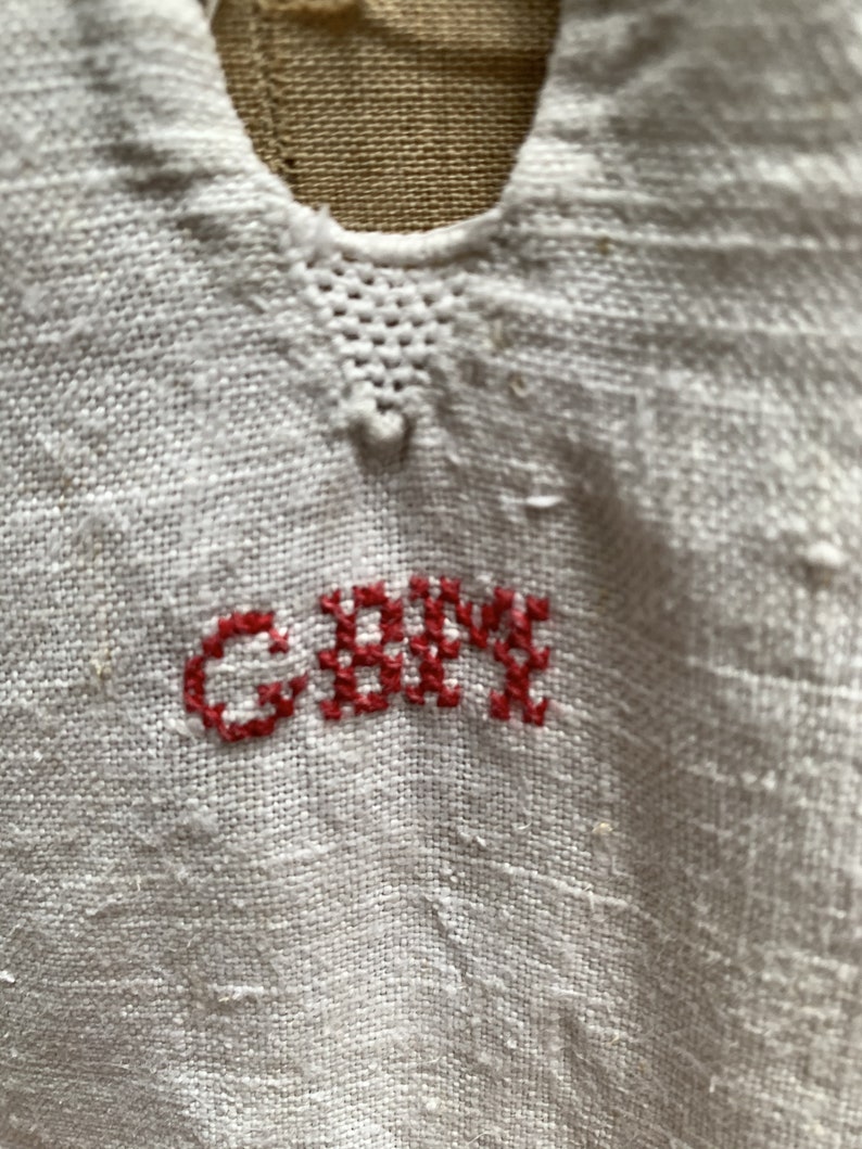 Antique French beige cream off white linen flax hemp shirt dress chemise smock initials GBM size L no 2 image 4