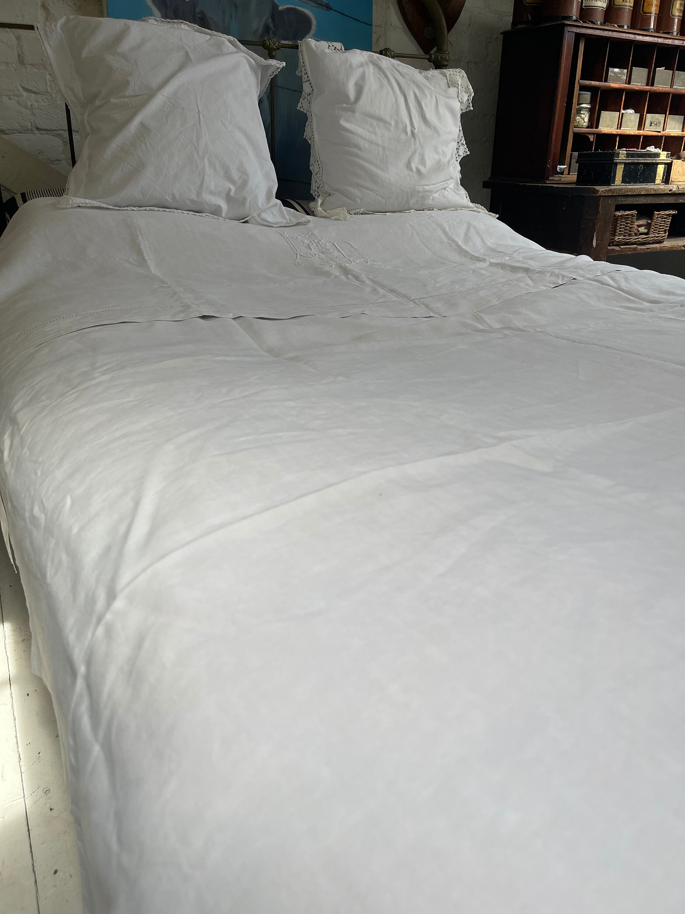 Antique French White Linen Double Sheet With Embroidery Detail and