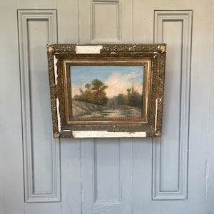 Antique French landscape oil painting study of figure on bridge signed J Debray