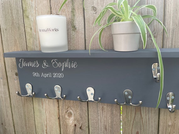 Personalized Coat and Key Hook Shelf: Family Gift, Brass/Chrome Hooks