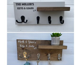 Keys and leads hooks, personalised family hooks, dog leash holder, New home gift, Wall mounted key hooks, Key hook with shelf,dog lover gift