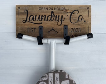 Ironing board hook, rustic laundry decor, wall hook for ironing board, hooks for ironing board, est. date laundry sign, Utility rustic decor