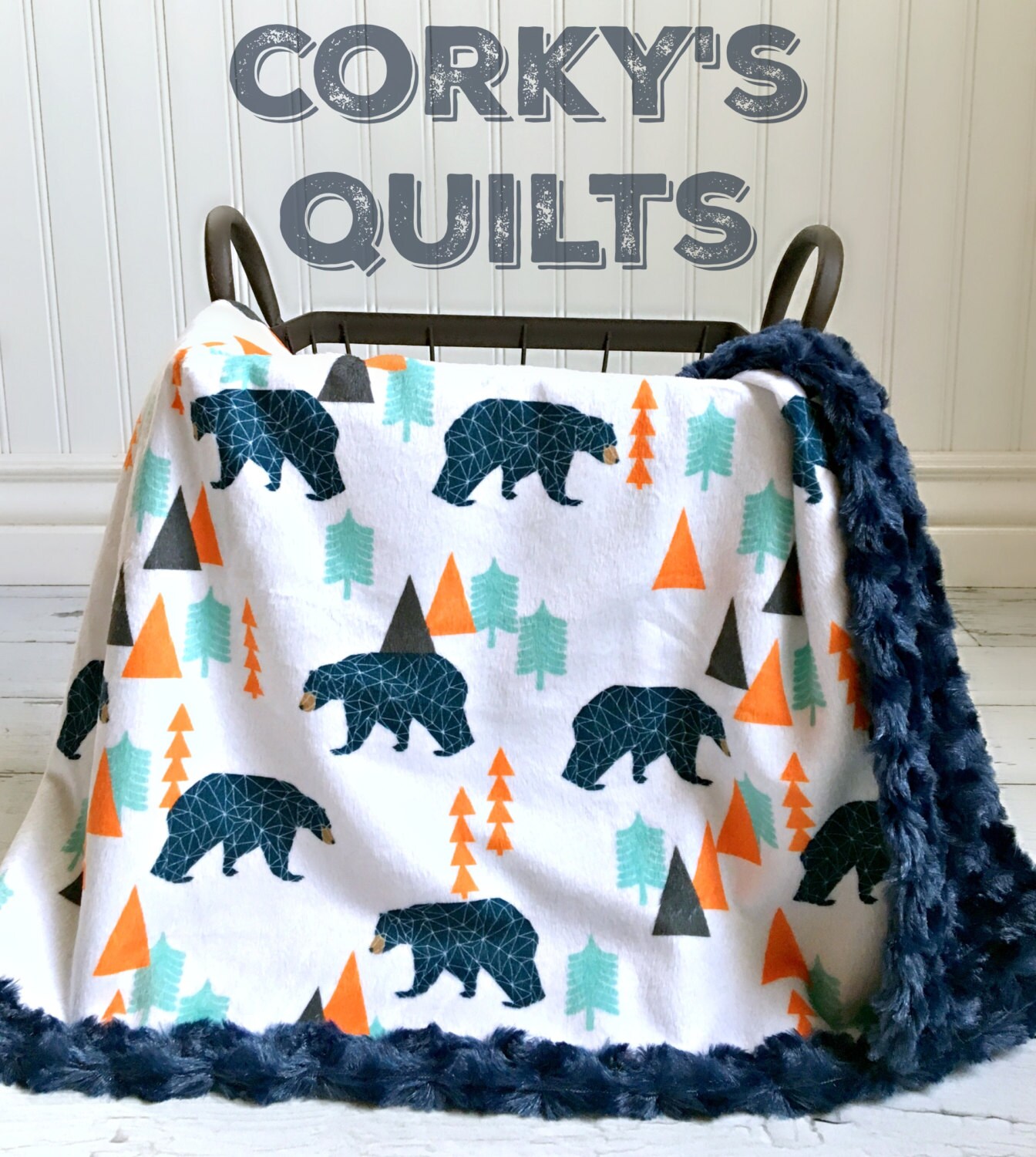 Bear Baby Blanket Woodland Navy/Orange Bear Designer Minky