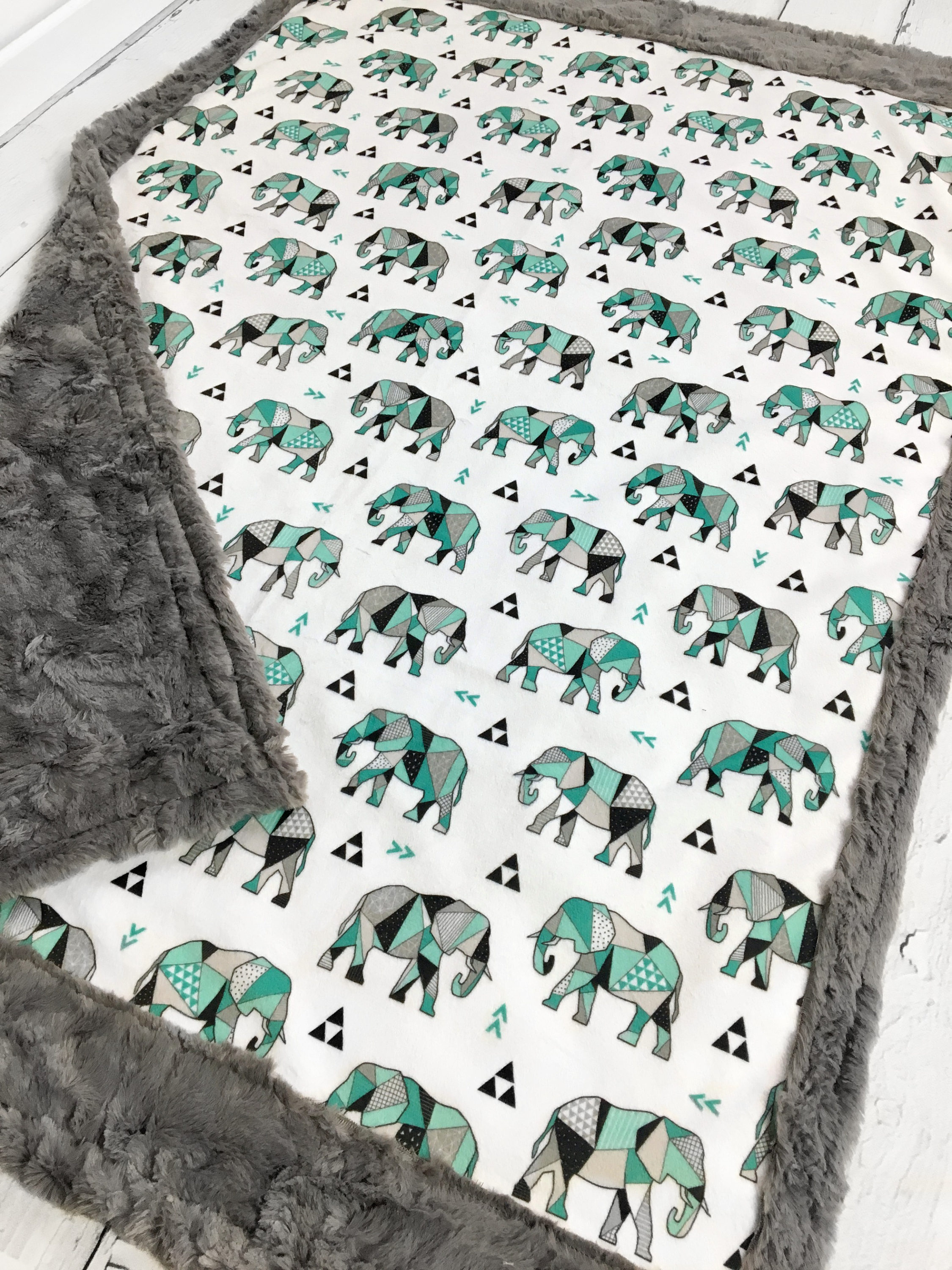 Elephant Baby Blanket Teal Designer Minky Grey Etsy