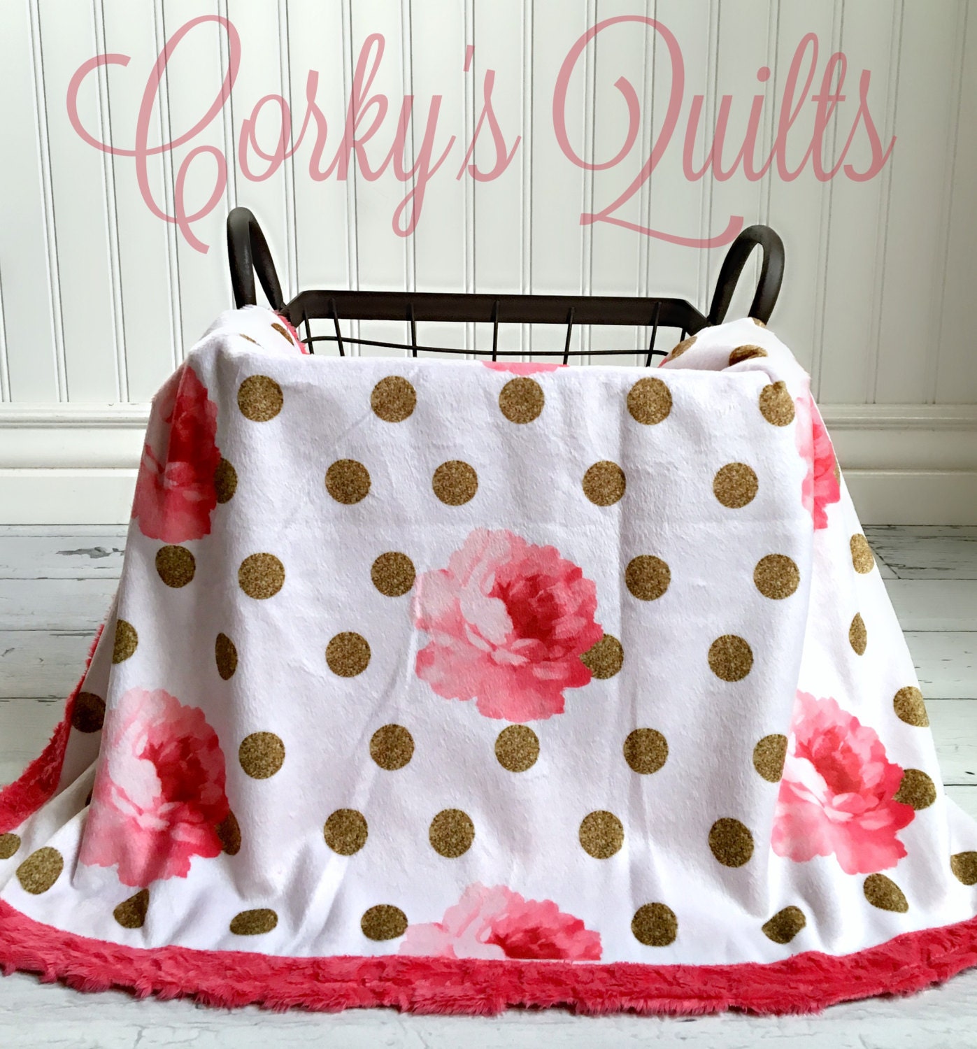 Baby Blanket Rose and Glitter Designer Minky Watermelon