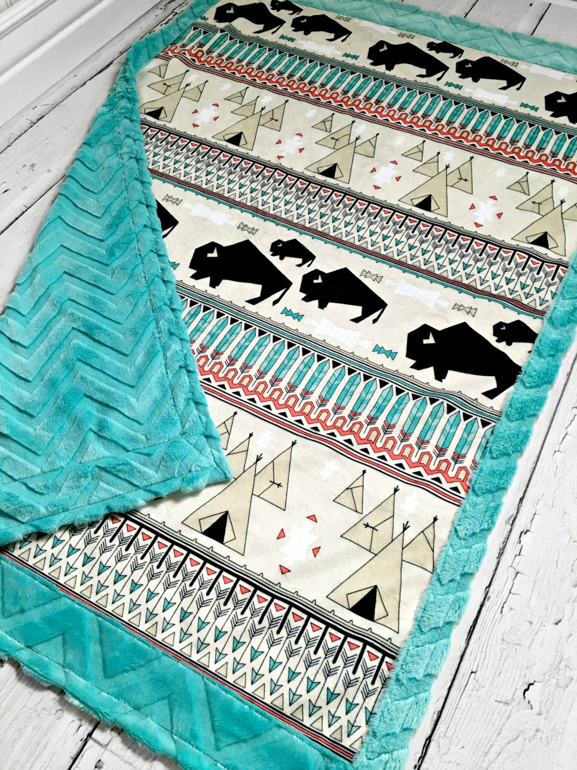 Buffalo Baby Blanket Geo Buffalo Designer Minky Teal Etsy