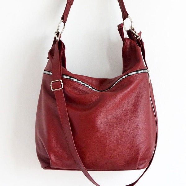 BURGUNDY LEATHER HOBO Bag Cross body Bag - Everyday Leather Shoulder Bag, Leather Women bag, Red Hobo Bag, Red Cross Body Bag, Leather Purse