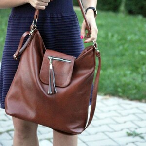 LEATHER SHOULDER Bag, Cognac Hobo Bag, Leather Crossbody Bag, Leather Bag Top Zipper Purse Cognac Brown Leather Bag SALE image 2