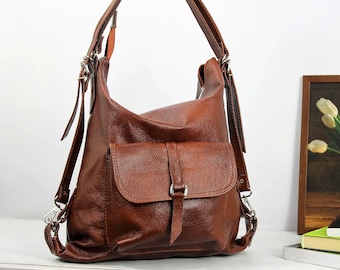 Cognac Brown Leather Convertible Backpack Purse with Pocket