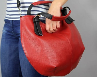 Handmade Leather Tote Bag: Red Shoulder and Crossbody Bag with Lining