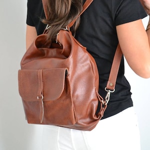 Cognac Brown Leather Backpack Purse: Convertible Shoulder Bag