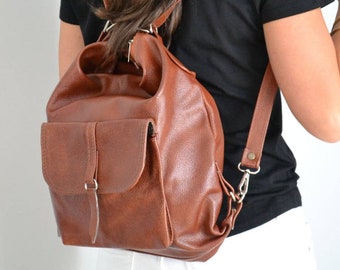 LEATHER BACKPACK PURSE Multi Way Rucksack, Convertible Bag, Leather Bag Cognac Brown Leather Shoulder Bag Cognac brown Backpack Gift for Her