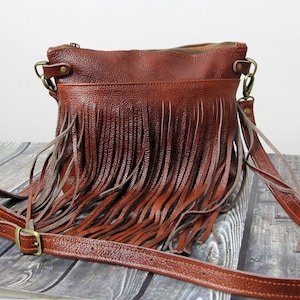 Cognac Brown Leather Fringe Crossbody Bag: Small Boho Hobo Purse