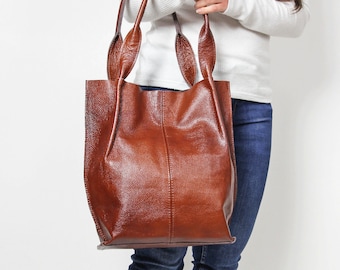Cognac Brown Leather Tote Bag: Italian Leather Handbag and Shopper