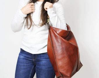 LARGE LEATHER Hobo Bag, Cognac Brown Shoulder bag, Hobo bag, Brown  Hobo, Brown Handbag, Everyday Bag, Women leather bag - Top zipper bag