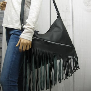 Handmade Black Leather Fringe Crossbody Bag: Everyday Purse