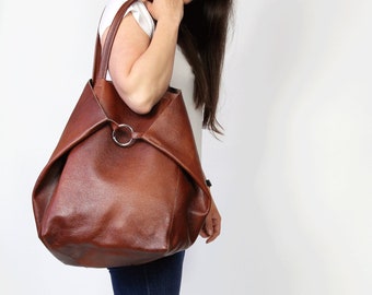 Brown Leather Handbag, Women Tote bag, Genuine Leather Tote,  Large Tote Bag, Italian Leather Handbag, Slouchy Tote Bag, Soft Leather Bag
