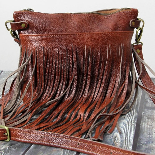 Brown Leather Bag Medium Size Boho Purse Fringe Handbag Etsy