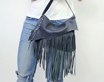 Leather shoulder bag, Leather fringe crossbody purse, Handmade fringe handbag, Medium Crossbody purse, Unique crossbody bag, Navy Blue Bag