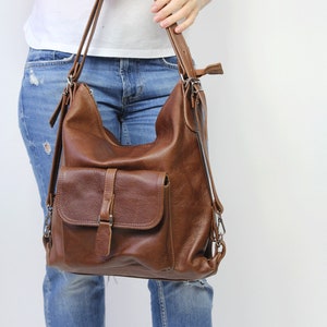 SAC À DOS EN CUIR MARRON Porte-monnaie pour femme - Sac à dos convertible multi-usages - Sac à bandoulière et sac à dos élégant au quotidien - Cuir de vachette