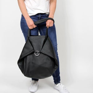 Black Leather Oversized Tote Bag: Soft Genuine Leather Shopper