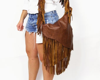 Brown Leather Fringe Crossbody Bag: Handmade Boho Hobo Purse