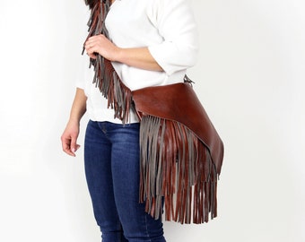 Sac Cognac Boho, Sac à bandoulière en cuir, Sac en cuir unique, Sac à main en cuir Boho, Sac à franges, Sac en cuir bandoulière Cognac Brown Sac à main en cuir