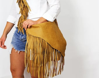 Mustard Brown Boho bag, Leather Cross body Bag, Unique Leather Bag, Boho Leather Purse, Fringe bag, Cross body bag, western fringe purse