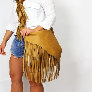 Mustard Brown Boho bag, Leather Cross body Bag, Unique Leather Bag, Boho Leather Purse, Fringe bag, Cross body bag, western fringe purse