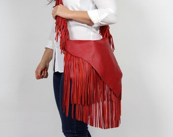 Red Leather Fringe Crossbody Bag: Handmade Medium Boho Purse