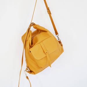 Convertible Leather Backpack Purse: Yellow Rucksack Tote Bag  display picture 3