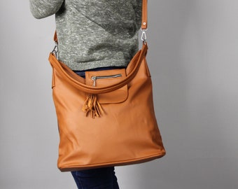 Large Leather Bag Top Zipper Purse Tan Brown Leather Bag.LEATHER SHOULDER Bag, Camel Hobo Bag, Top Zipper Purse, Leather Crossbody Bag