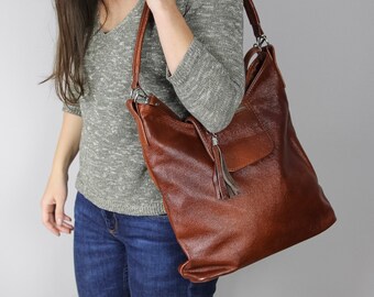 LEATHER SHOULDER Bag, Cognac Hobo Bag, Leather Crossbody Bag, Leather Bag Top Zipper Purse Cognac Brown Leather Bag SALE