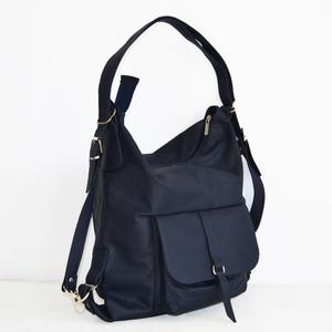 LEATHER BACKPACK PURSE Multi Way Rucksack Tote Bag Navy Blue Leather Shoulder Bag Leather Purse Women's Handbag