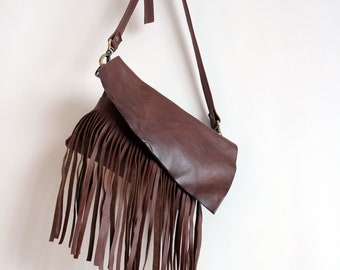 Brown Leather Fringe Crossbody Bag: Small Western Bohemian Purse
